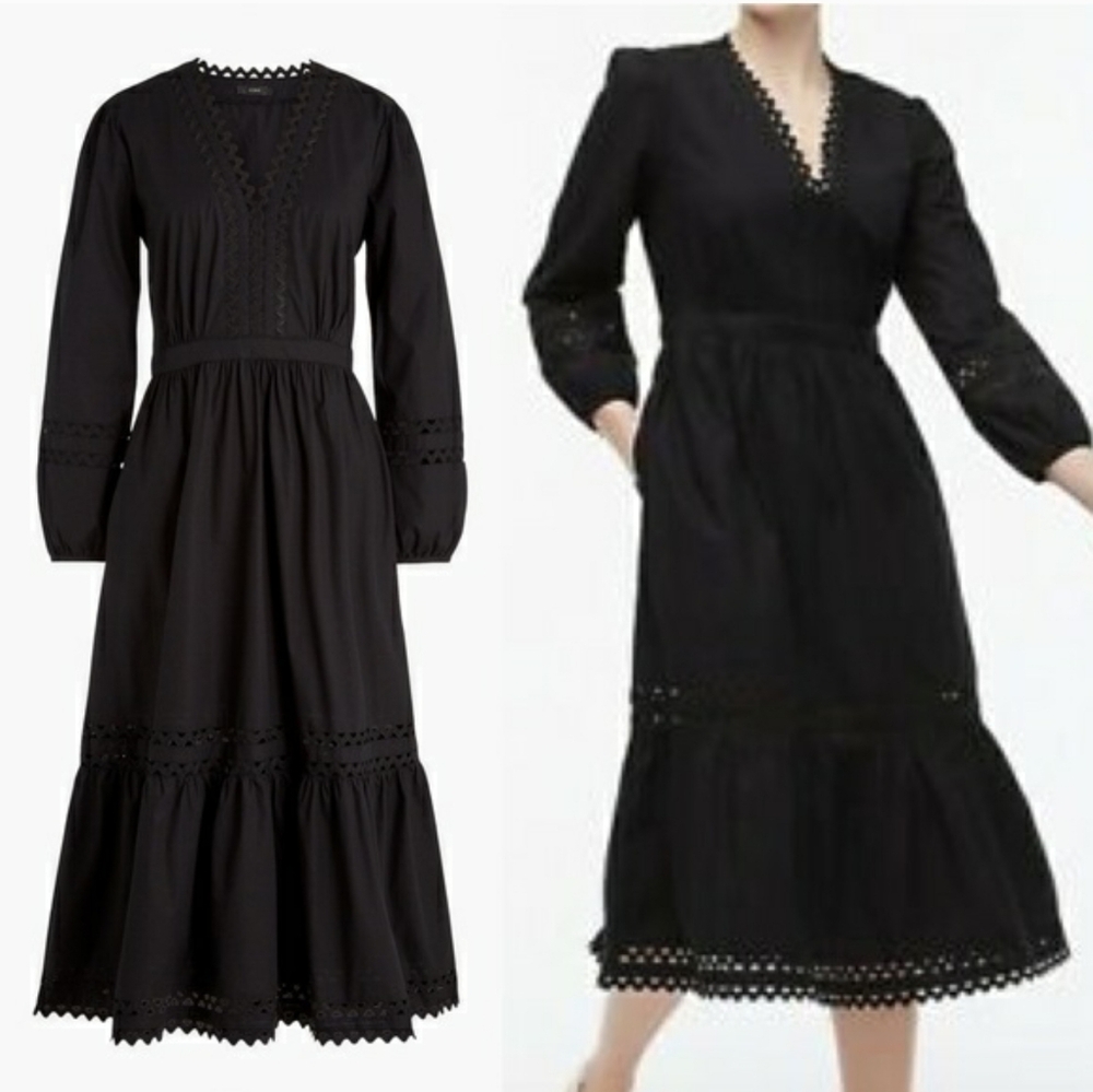 J.Crew Factory Eyelet-trim Midi Dress in Cotton Poplin Black Size Small
